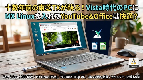 16年前の東芝TXノートパソコン（Core 2 Duo）にMX Linuxを入れてみた！YouTubeやOffice、セキュリティは大丈夫？
