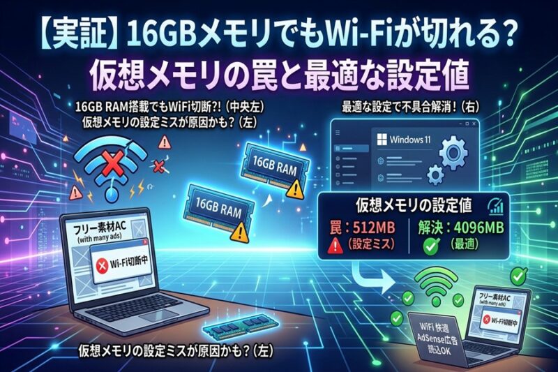 【実証】RAM16GBでもWi-Fiが切れる？仮想メモリの罠と最適な設定値