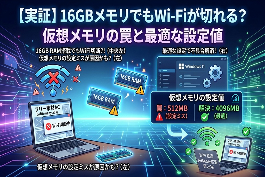 【実証】RAM16GBでもWi-Fiが切れる？仮想メモリの罠と最適な設定値