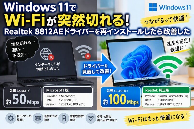 Windows11でWi-Fiが突然切れる！Realtek8812AEドライバーを再インストールしたら改善した